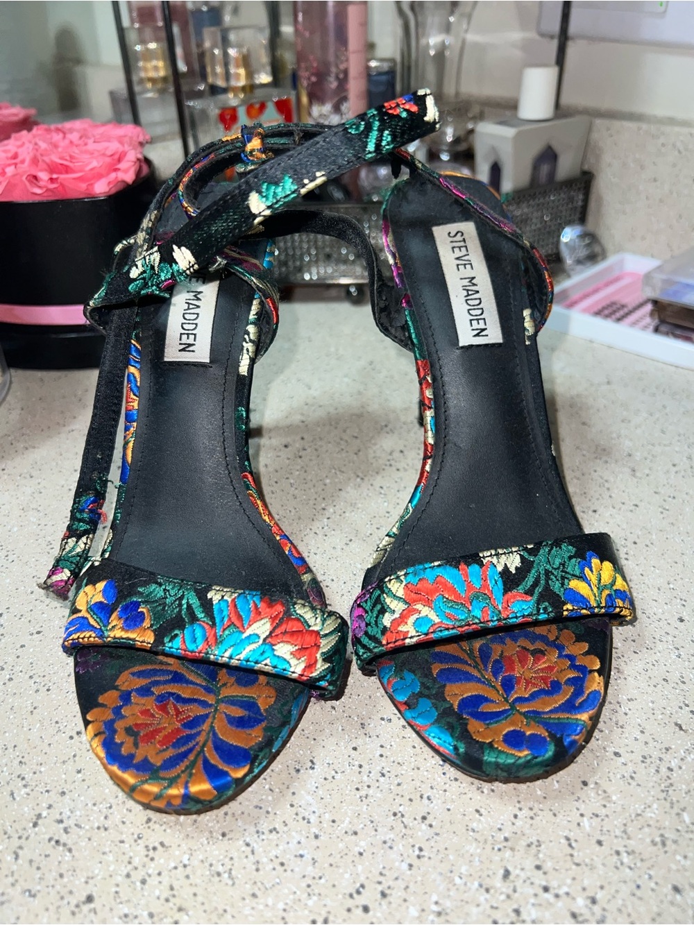 Steve Madden Black Floral Multicolor Embroidered Ankle Strap Heels